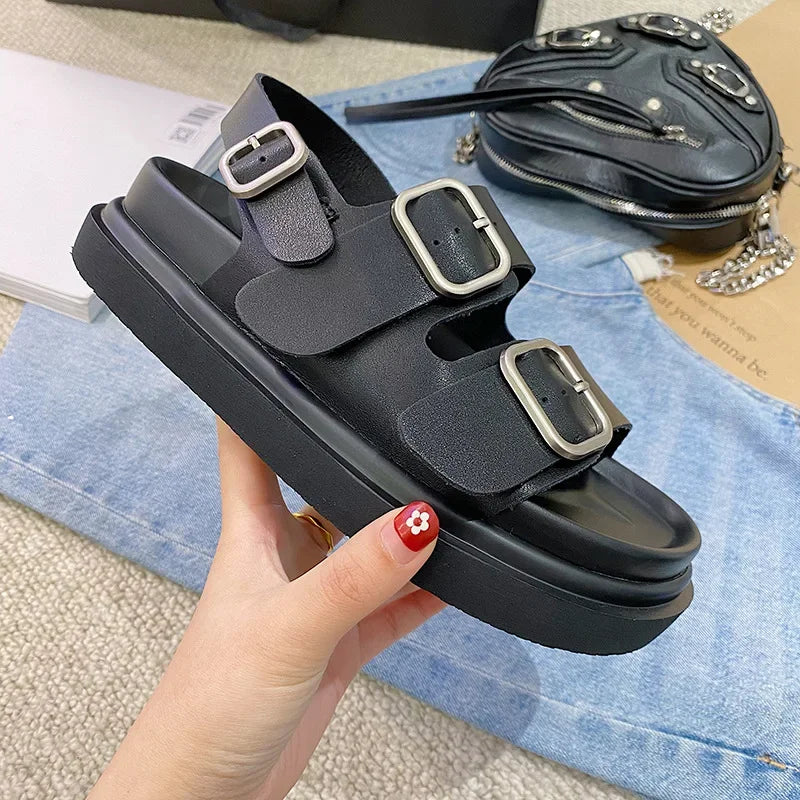 Sandals Women Genuine Cow Leather Metal Detailed Ankle Buckle Strap Summer Beach Ladies Low Heel Shoes Handmade