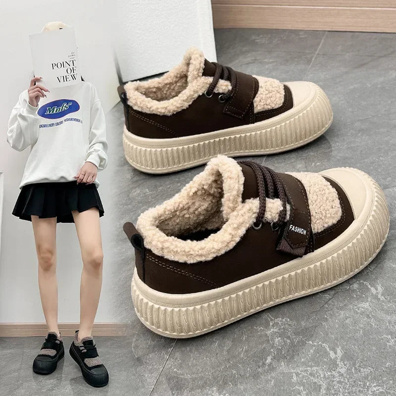 New Winter Warm Cotton Shoes Ladies Plush Fur Thick Sole Lace Up Casual Sneakers Women Outside Flat Comfortable Running Shoes