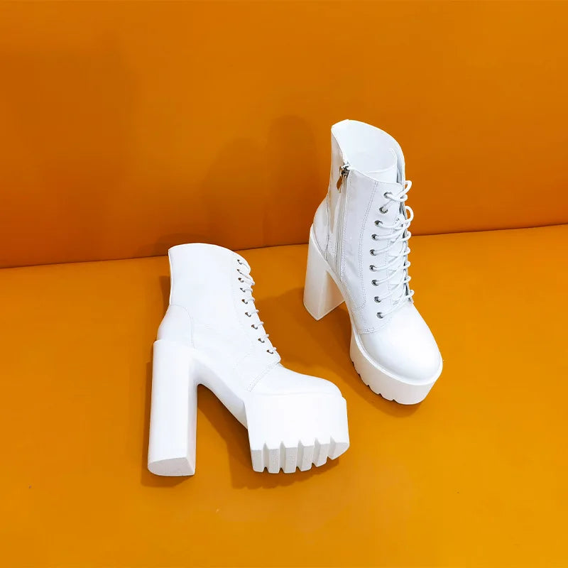 Ankle Boots Round Toe Block High Heel 14cm Platform Zipper Lace Up Plus Size 35-43 Party Booty Solid Platform Boots Ladies Shoes