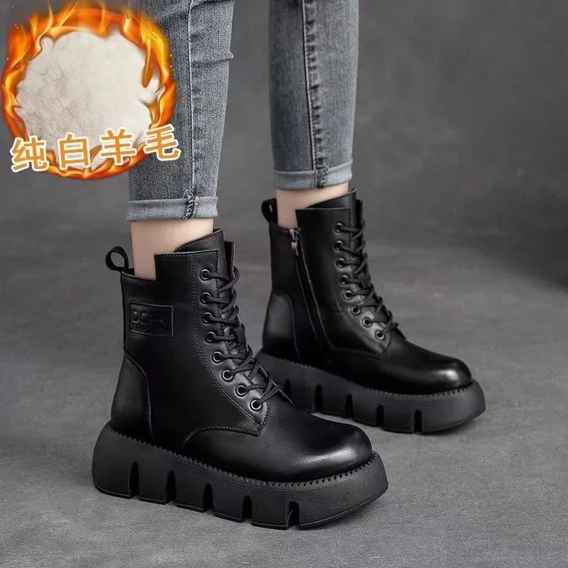 Short Plush 2024 Winter Female Ankle Boots Genuine Leather Cotton Boots Thick-soled Padded Women Shoes Warm Snow Boots Female