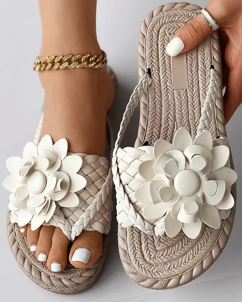 Slippers Women Ombre Floral Pattern Braided Casual Shoes Vacation Flat Holographic Braided Floral Pattern Toe Beach Flip Flops