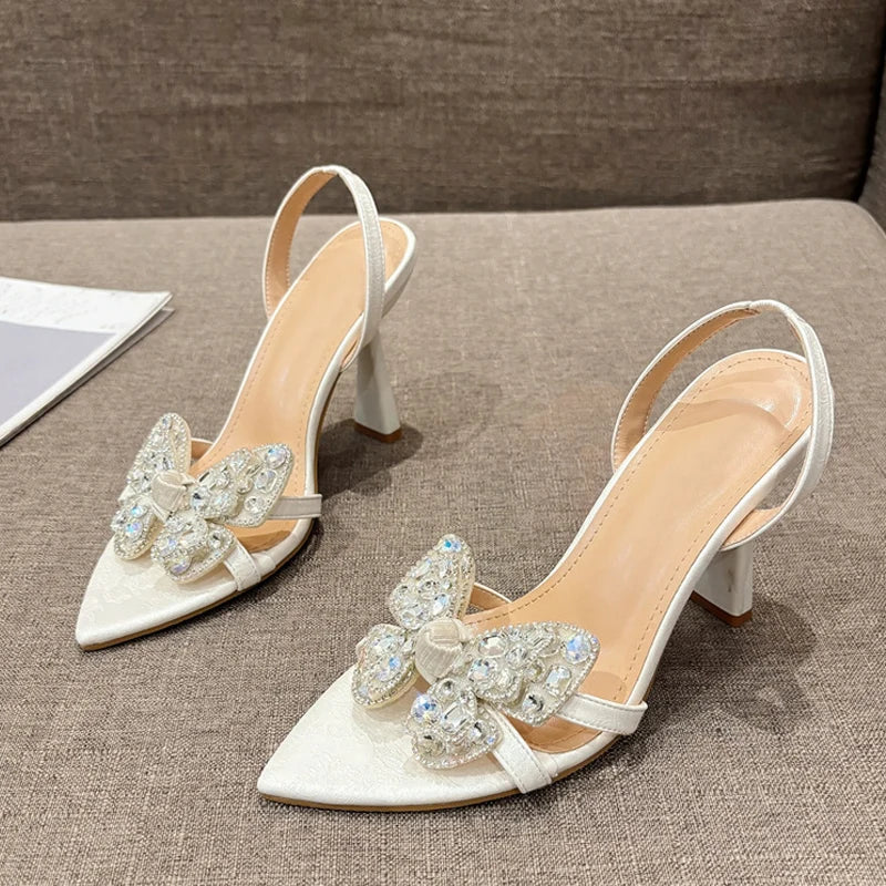 Liyke Size 35-41 Sexy Slingback Sandals Women Back Strap High Heels Summer Fashion Crystal Diamond Pointed Toe Wedding Prom Shoe
