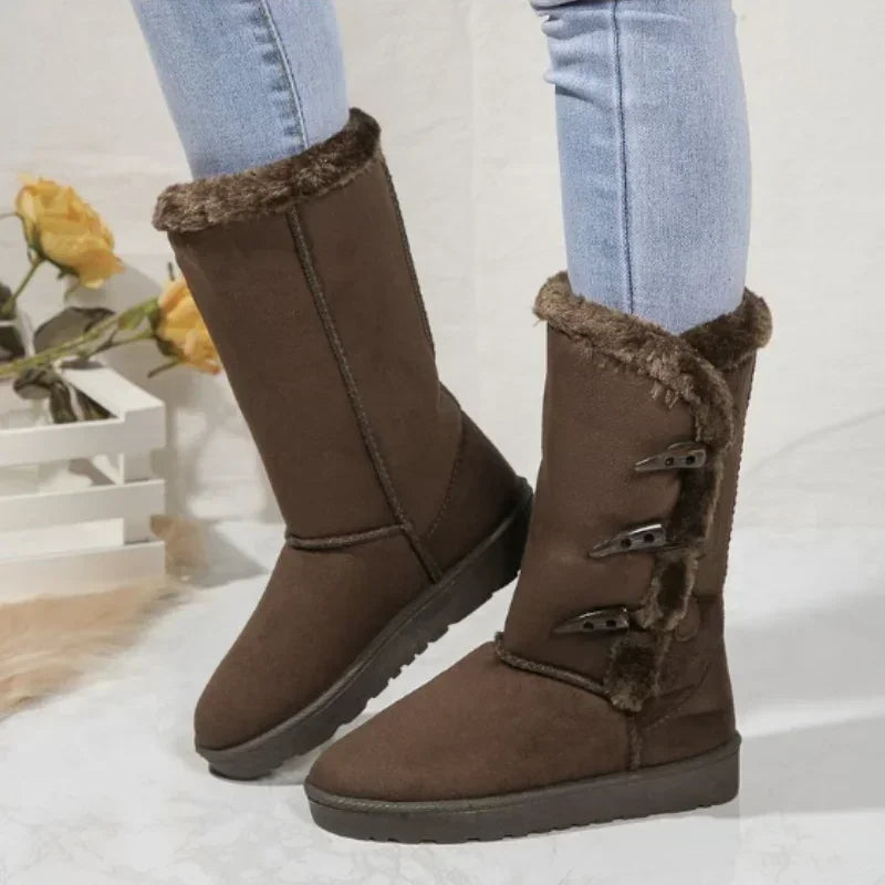 Women Snow Boots Winter Mid-calf Boots Warm Cotton Shoes Fashion Solid Color Button Ladies Brown Long Boots Plus Size 41
