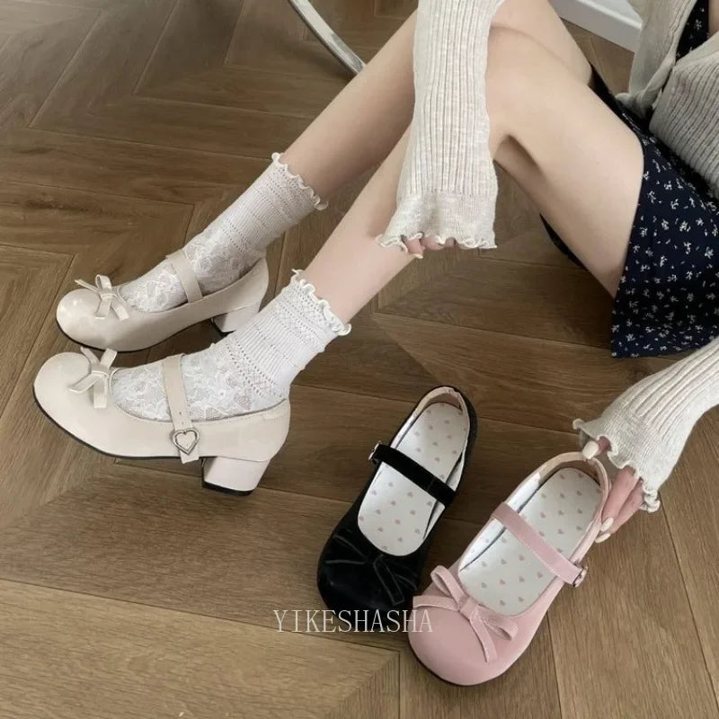 2024 New Sweet Vintage Mary Janes Shoes Women Lolita Kawaii Shoes Female Bow-knot Cute Designer Shoes Pink Heels