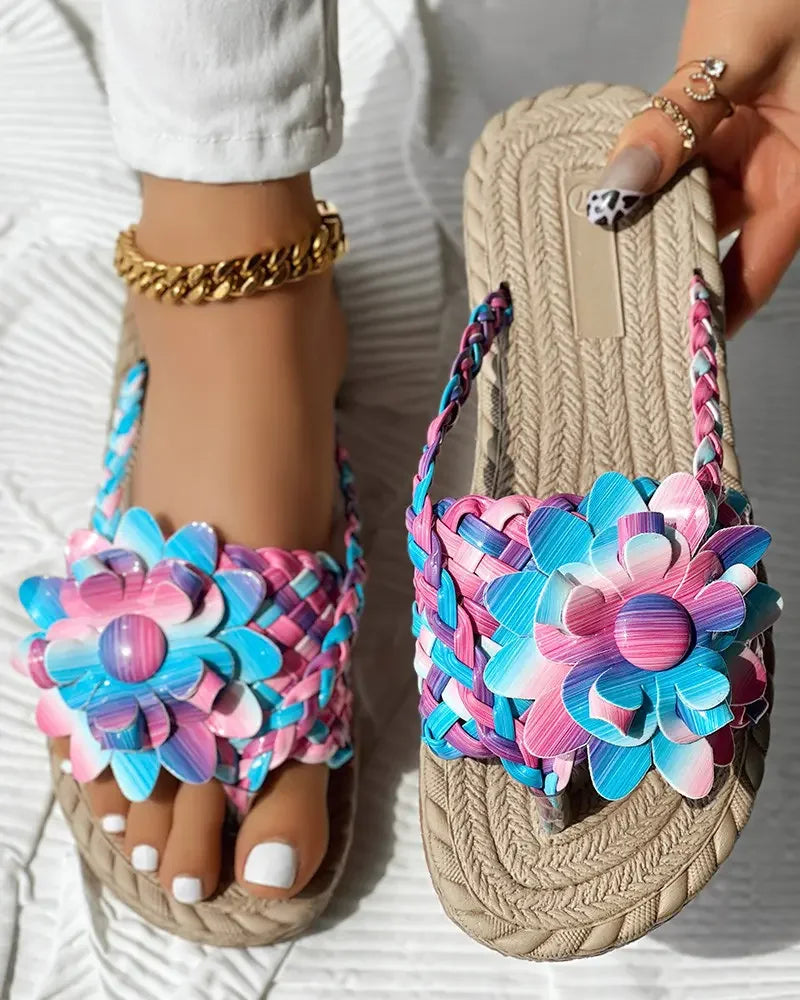 Slippers Women Ombre Floral Pattern Braided Casual Shoes Vacation Flat Holographic Braided Floral Pattern Toe Beach Flip Flops