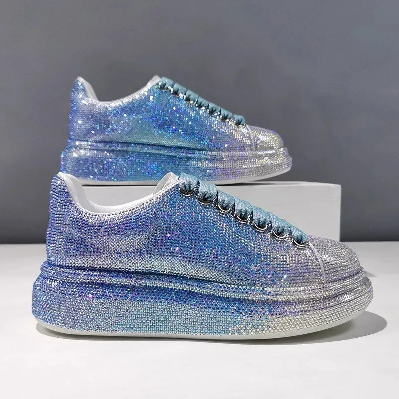 Chaussures de sport à semelles épaisses et dégradées de couleurs, blanches et diamants, de luxe, de créateur, plates et décontractées, nouvelle collection automne 2024