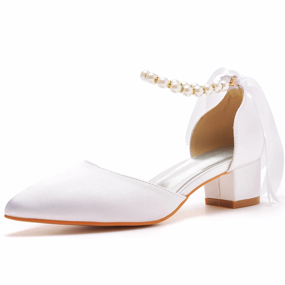 Crystal Queen Fashion Women Sexy Pumps Pointed Toe Buckle Strap Sandals Thick High Heel White Silk Beading Bride Shoes