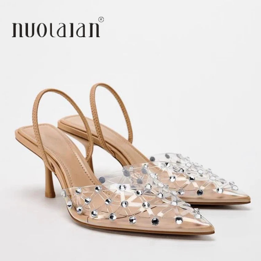 Women PVC Transparent Diamond High Heels Sexy Pointed Toe Slingback Heeled Shoes Pumps Female Party Heels Sandals Shoes