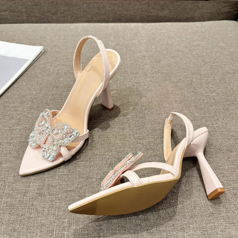 Liyke Size 35-41 Sexy Slingback Sandals Women Back Strap High Heels Summer Fashion Crystal Diamond Pointed Toe Wedding Prom Shoe