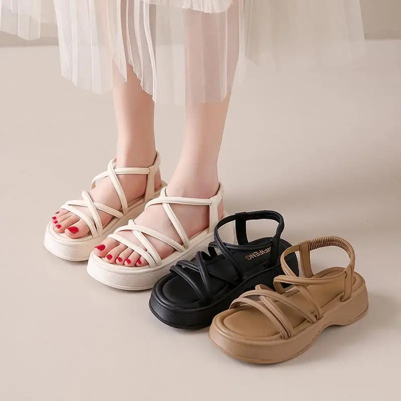 Fashion Platform Sandals Women Summer Wedge Heeled Sandals Woman Ankle Straps Thick Bottom Female Elastic Band Gladiator Sandals