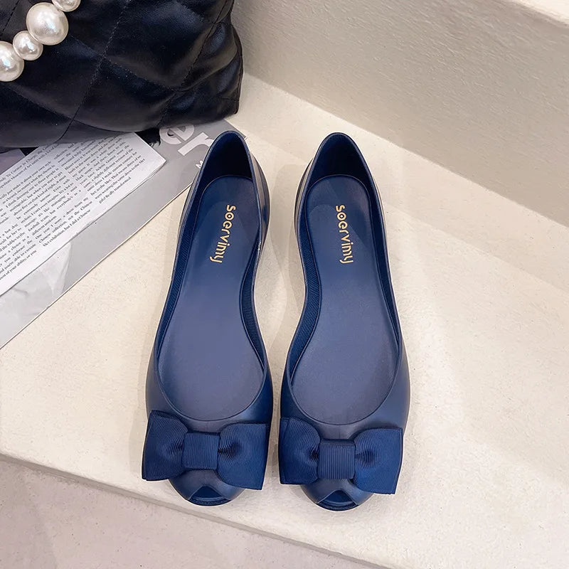 sweet bowknot jelly shoes woman flats candy color peep toe summer ballerina shoes waterproof transparent loafers for women