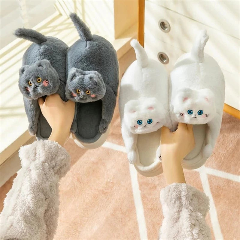 Pantoufles d'hiver mignonnes en forme de chat pour femmes, pantoufles d'intérieur en fourrure, chaussures de sol Kawaii, antidérapantes et chaudes, collection 2022
