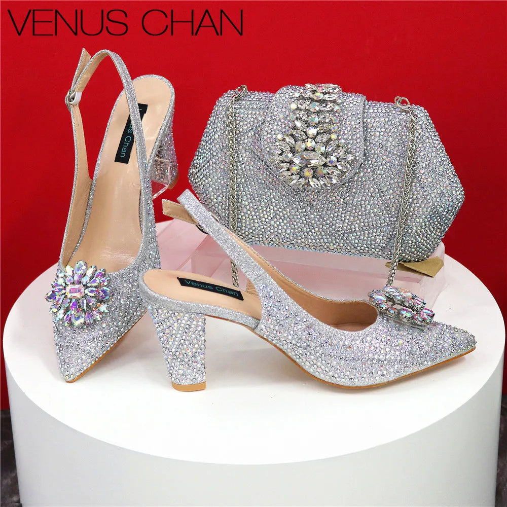 High Quality Designer Shoes and Bags Matching Set Decorate with Rhinestone Women Shoes High Heel Luxury Shoes Women Designer