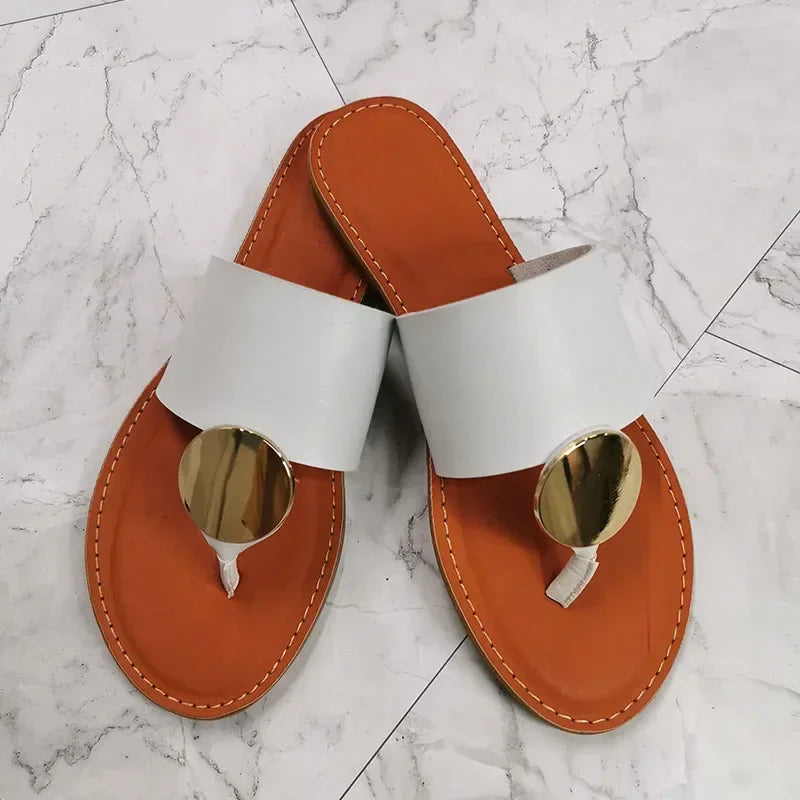 Women Leather Summer Sandals Shoes Retro design Thin Straps Open Toe Beach Slides Flat with Plus Size 41 Female Footwear