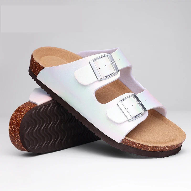 Kidmi Women Clogs Slippers Summer Clogs Flat Sandals Cork Mules Beach Slides With Double Buckle 2024 Outdoor Women Flat Sandals