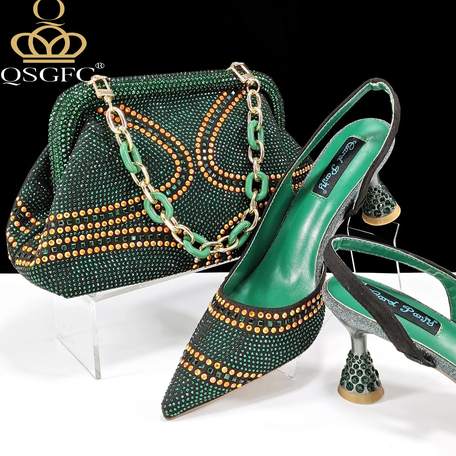 QSGFC 2024 New Designer Specials Italian Women Heels Shoes and Bag Set Royal Green Color Comfortable With Rhinestone for Party