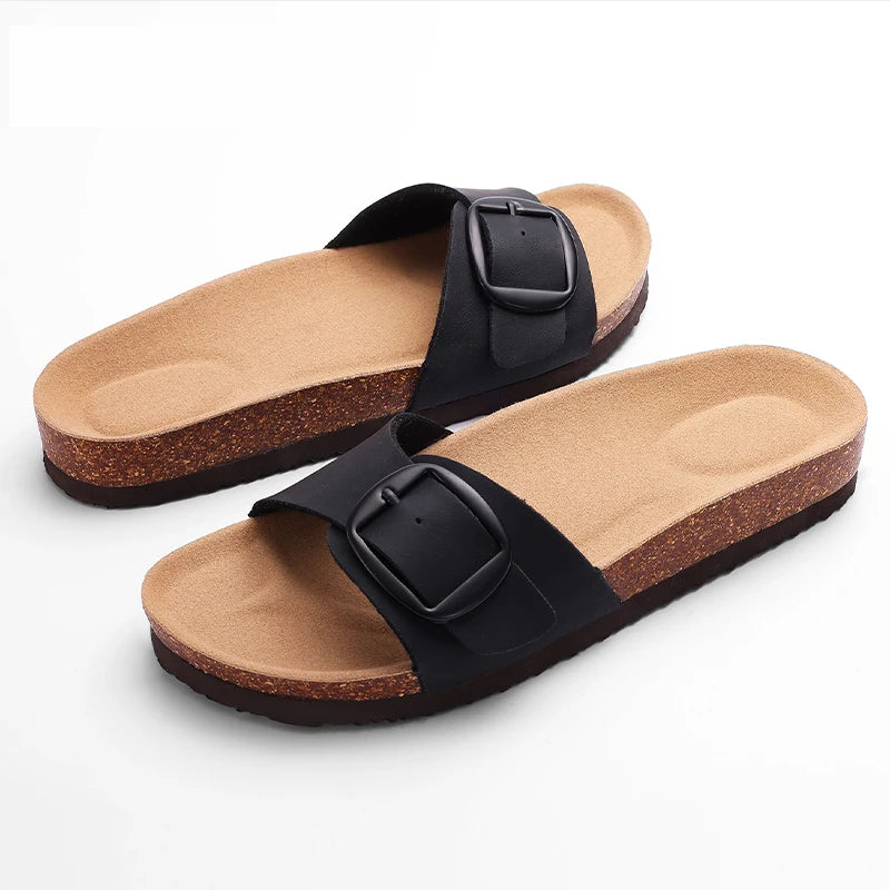 Kidmi Women Clogs Slippers Summer Clogs Flat Sandals Cork Mules Beach Slides With Double Buckle 2024 Outdoor Women Flat Sandals