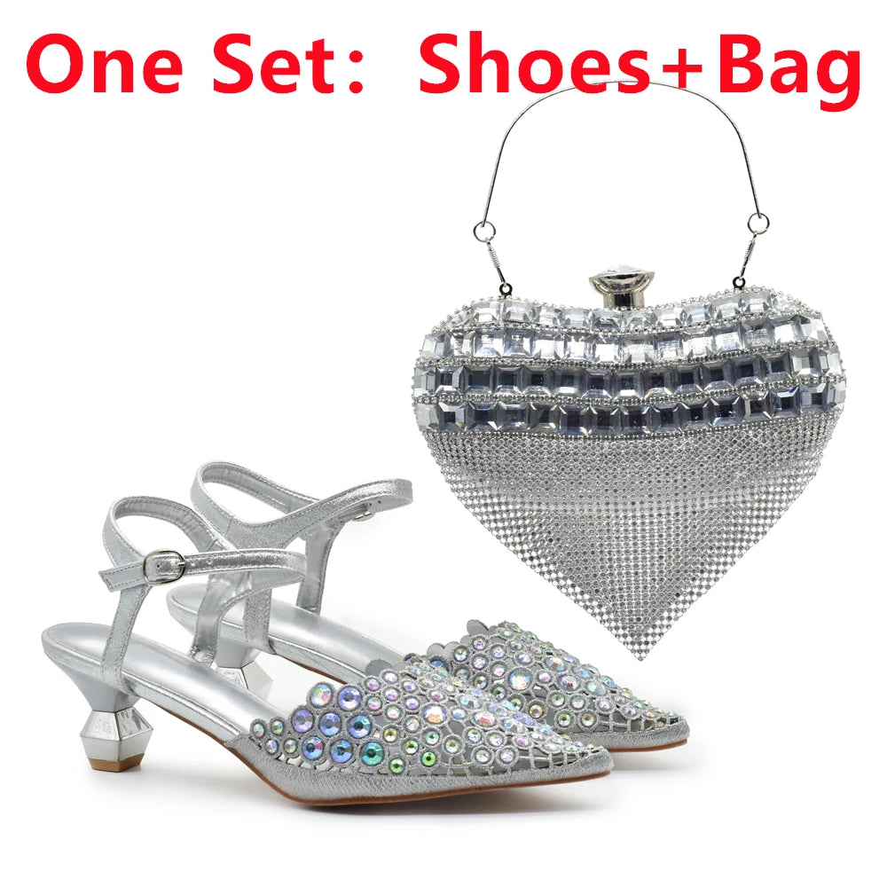 Italian Shoes and Bags Matching Set 2024 Rhinestones African Peep Toe Women High Heel Evening Party Pumps Wedding Shoes Bride