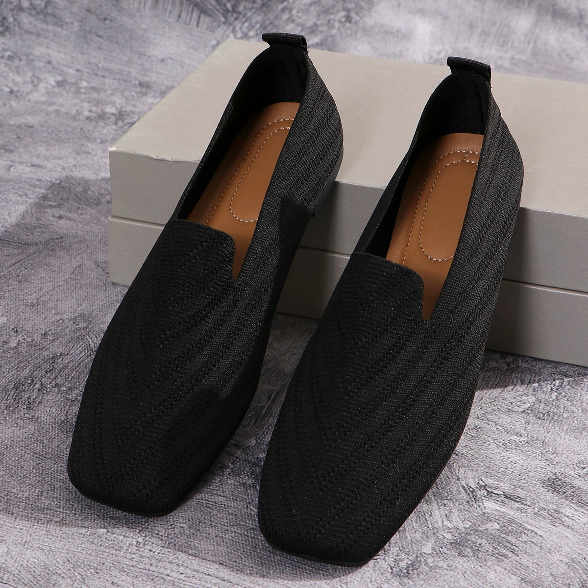 2024 Solid Color Square Toe Mesh Loafers Shallow Women Flats Shoes Soft Bottom Knit Ballet Flats Shoes Casual Slip on Shoes