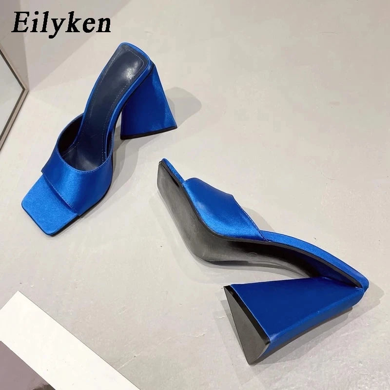 Eilyken 2025 New Arrival Silk Triangle Square Heels Heel Woman Slippers Sexy Street Party Square Toe Dress Slides Summer Shoes