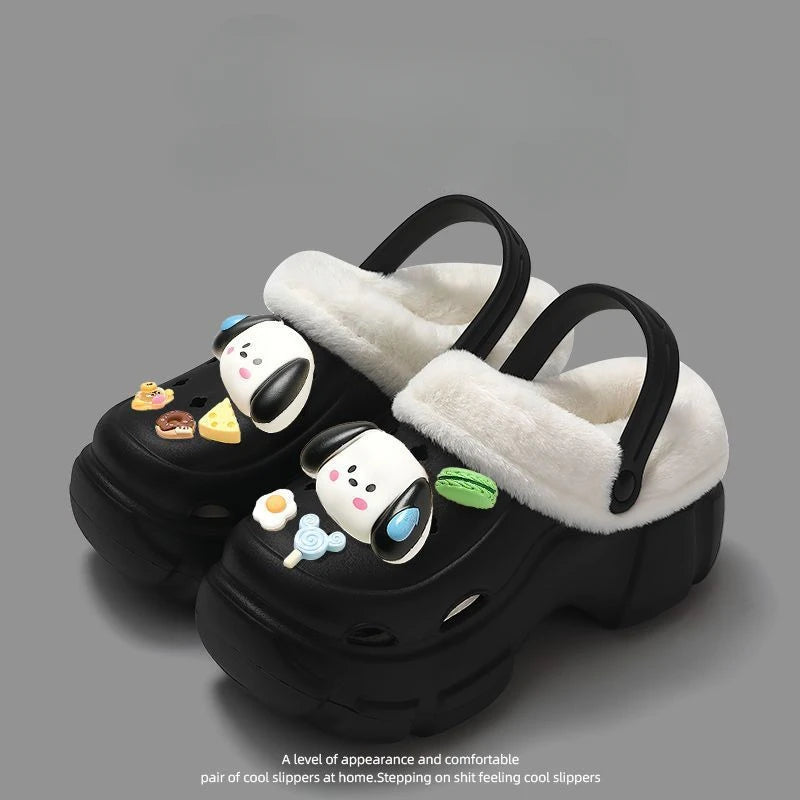 Cartoon hole shoes EVA winter women's outerwear plush insulation thick-sole room height increase inner foreskin cotton slippers