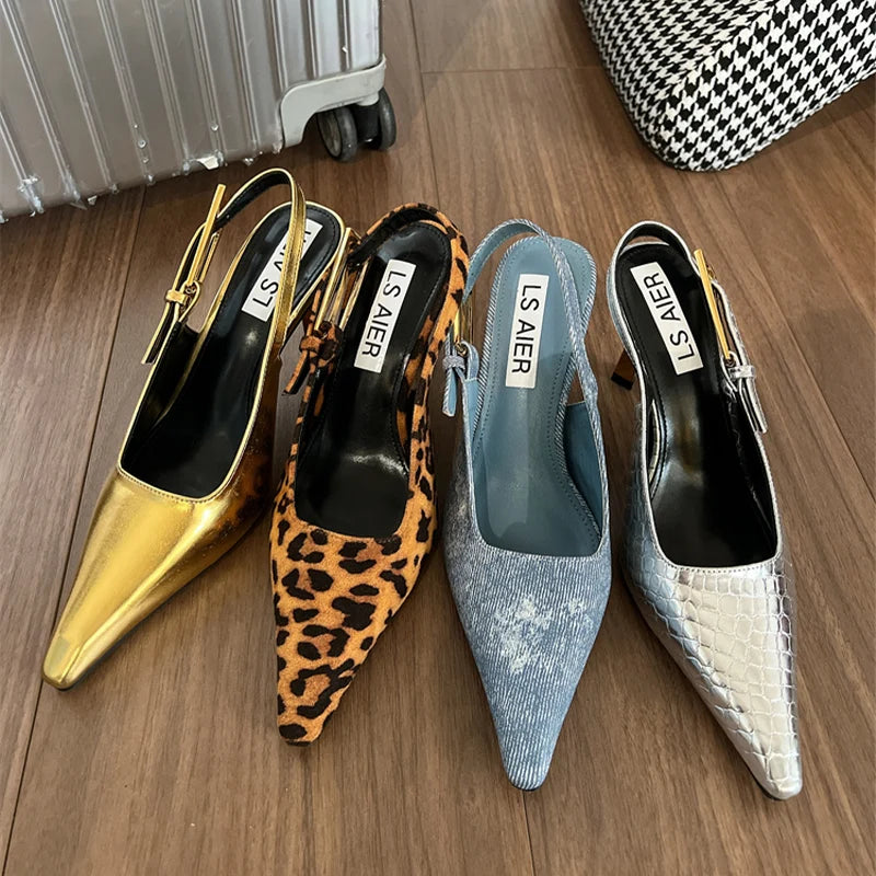 Leopard Pointed Toe Sexy High Heels Women Shoes Summer Sandals Designer New Dress Party Shoes Walking Pumps Mujer Zapatos
