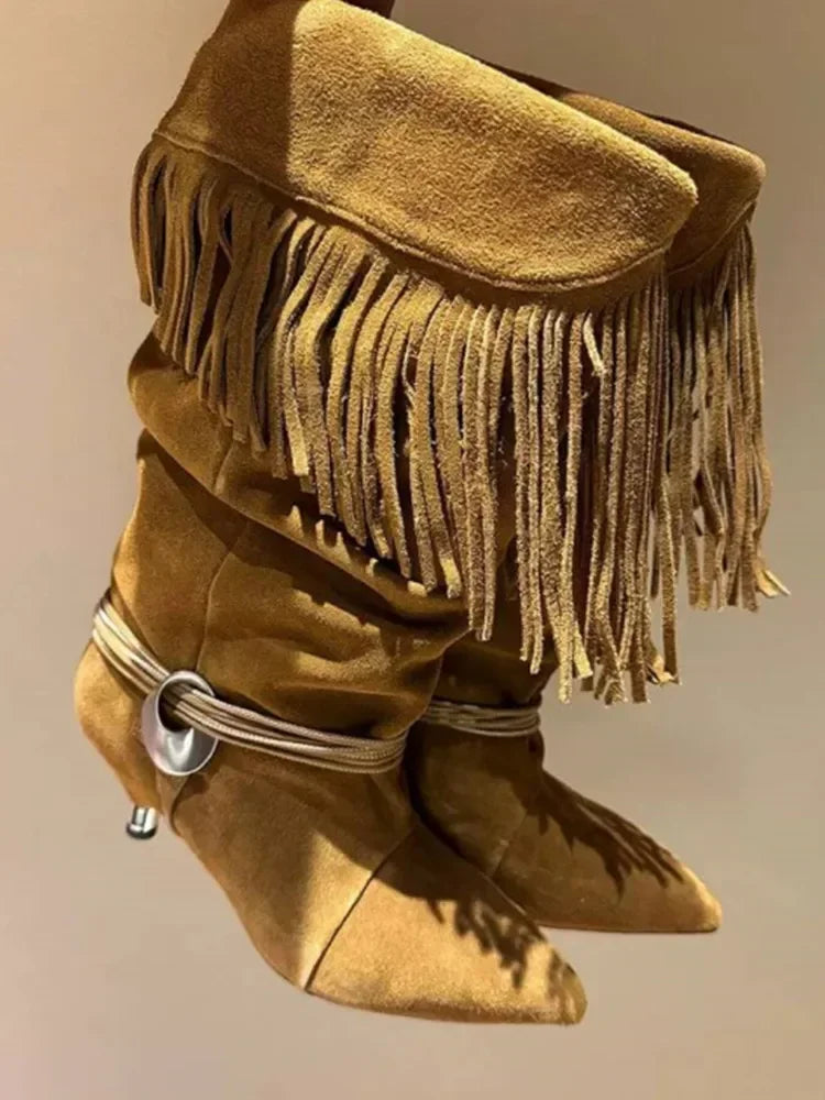 2025 Women's Autumn/Winter New Pointed Wrinkled Fine Heel Tassel Short Boots, Women's Knight Boots, Size 34-44 Medium Boots