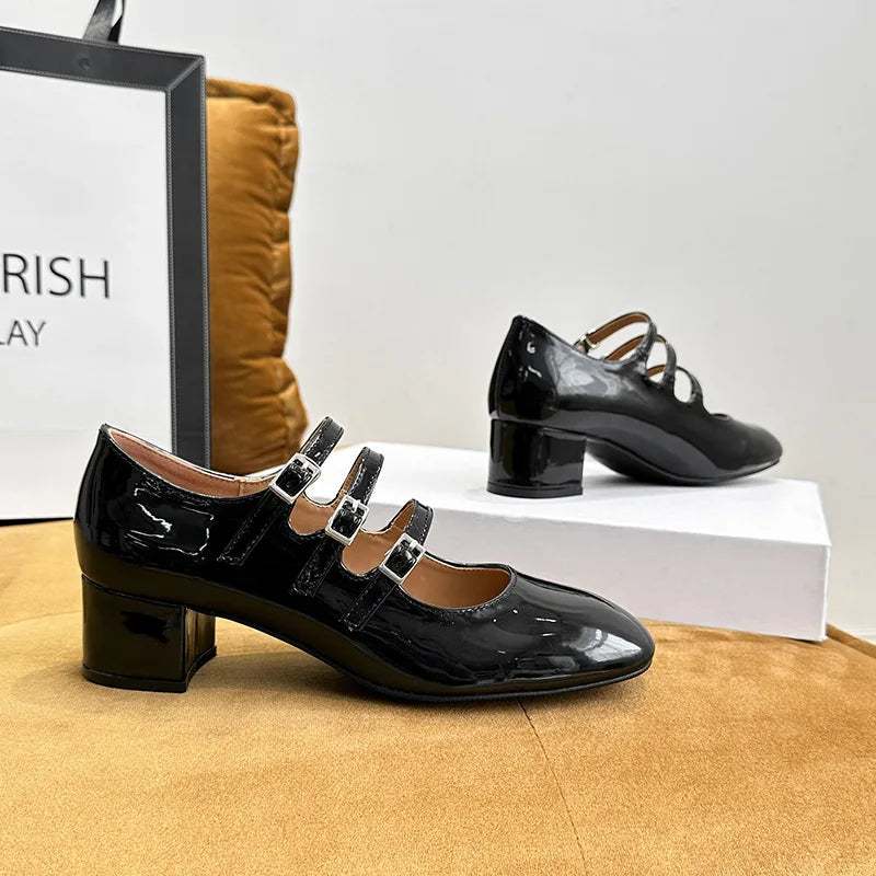 Square Heels Mary Janes Square Toe Med Heels Flats Spring/Autumn Solid Color Women's Shoes Buckle Strap Fashion Ladies Shoes