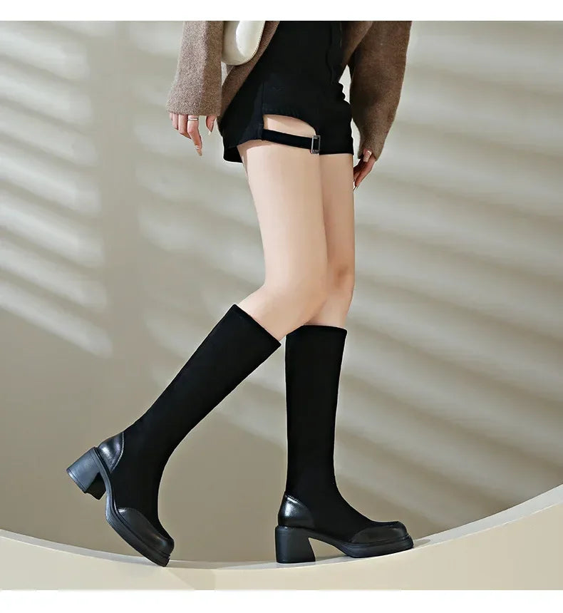 Fashion Knee High Boots Women Chunky Heels Punk Long Boots Patchwork Ladies Shoes Thick Bottom Platform Botas 2024