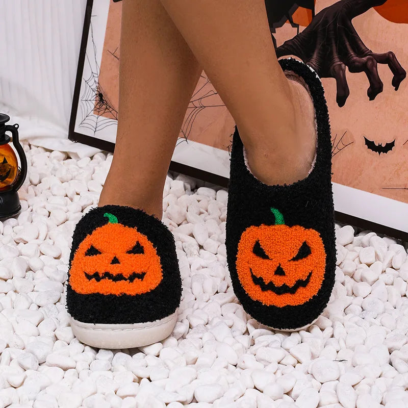 Cozy Halloween Pumpkin Slippers Women Soft Plush Non Slip Indoor Cotton Slides Woman Keep Warm Comfortable Winter House Slippers