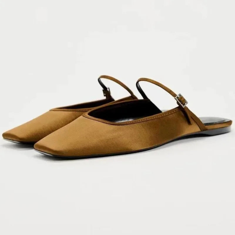 Summer Flat Sandals Woman 2025 New Square Toe Buckle Strap Breathable Satin Leisure Slingbacks Chic Mules Shoes for Ladies