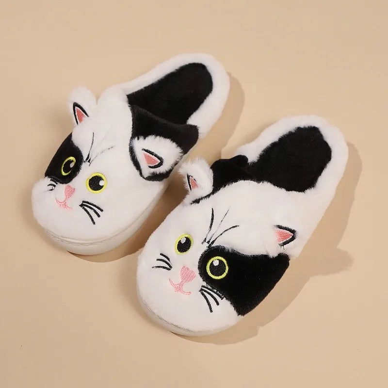 Kawaii Cartoon Cat Fuzzy Slippers - Ultra Soft Fabric Inner, Plush Flat Sole, Cozy Warmth, TPR Durable Outsole, Fabric Upper