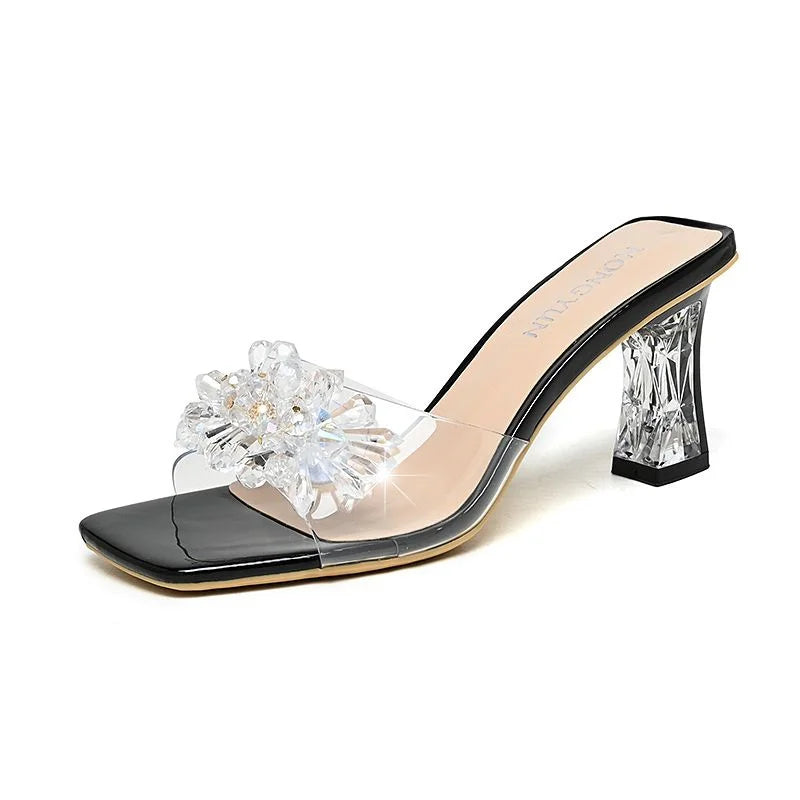 2023 Summer Square Head Open Toe Fashion Transparent Soft Flower Women's Slippers Crystal Heel New High Heel Sandals