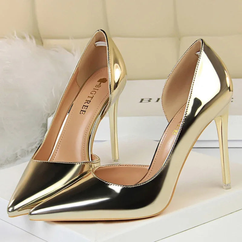 Women 10.5cm High Heels Pumps Lady Stripper Metallic Leather Scarpins Wedding Stiletto Heels Party Silver Champagne Gold Shoes