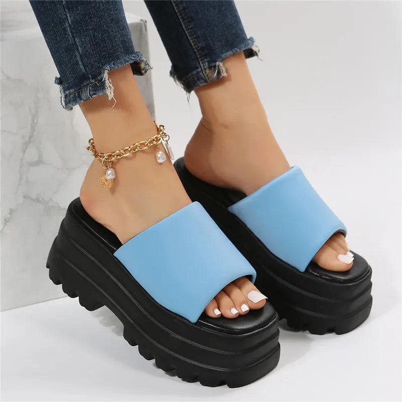 2023 Summer Brand New Women Single Band Platform Sandals Black Nylon Chunky Platform Wedges Slipper Sandals