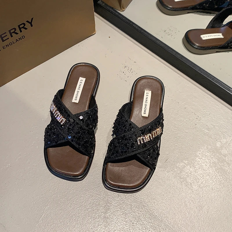 Women Shoes Summer New Vintage Woven Roman Sandals Fashion Open-Toe Sandals Female Slip-on Flats Beach Shoes Ladies Slipper