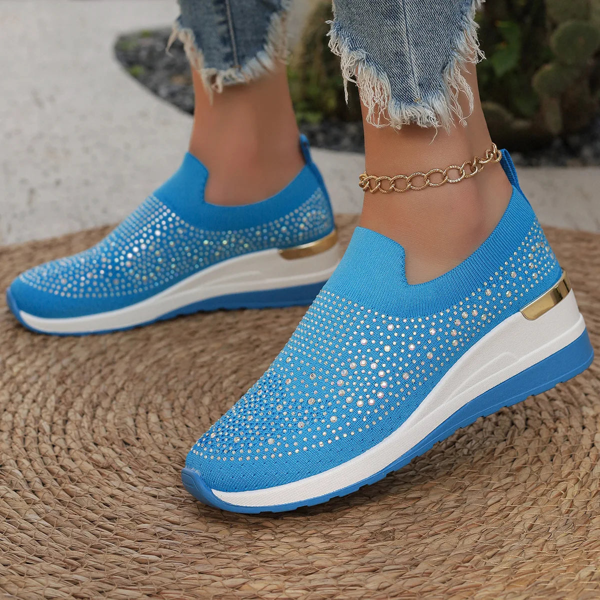 Orange Rhinestone Casual Sneakers Breathable Wedge Women Lightweight Shoes Slip On 2024 New Comfortable Spring Mesh Sports Shoes