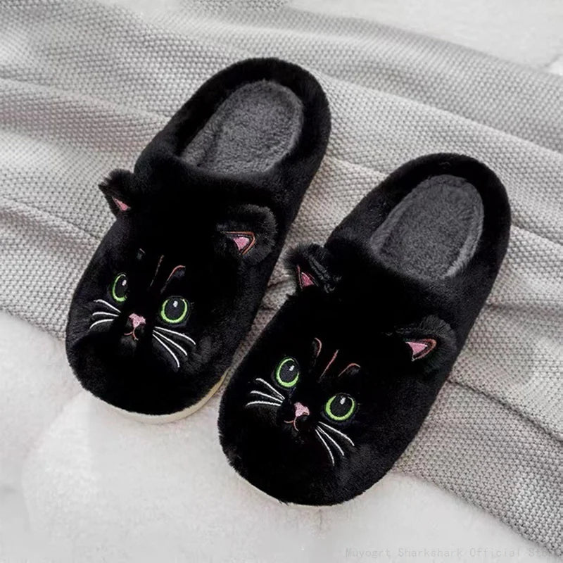 Cute Cartoon Cat Slippers Fluffy Home Thick Platform Slippers Women Men Winter Warm Plush Slides Indoor Lovely Cotton Shoes