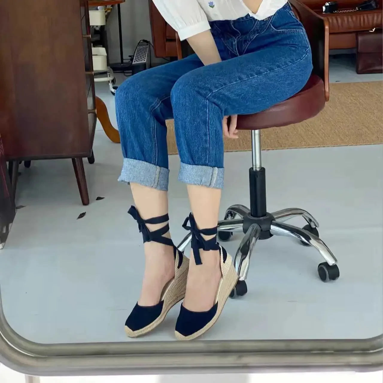 Women's Cow Suede Wedge Sandals with Ankle Strap, Casual Lace-up Platform Shoes - Comfortable and Stylish for Everyday Wear