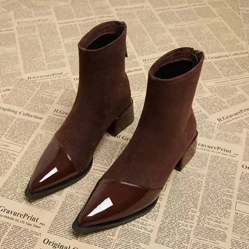 Ankle Boots Women Chunky Mid Heels Suede Shoes Woman Pointed Toe 2024 Trend Winter New Goth Walking Snow Chelsea Botas De Mujer