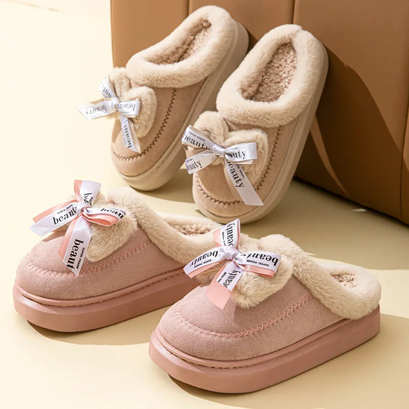 Chaussons en fausse suède d'hiver en coton pour femmes, chaussons en coton avec nœud de lapin pour la chaleur, nouveau style princesse à semelle épaisse