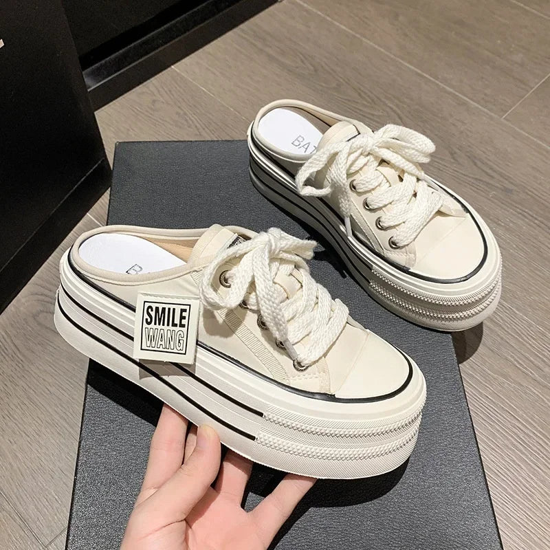 Height Increasing Platform Slippers Women Summer Outer Wear New Heel Free White Slides Canvas Shoes Slipper Slip on Sandals 5cm