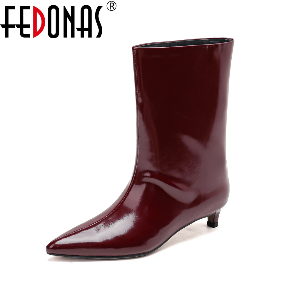 FEDONAS Pointed Toe Stiletto Geuine Leather Boots for Women Mid-calf Tube Shoes Fashion Autumn Winter Knight Boots Party Shoes