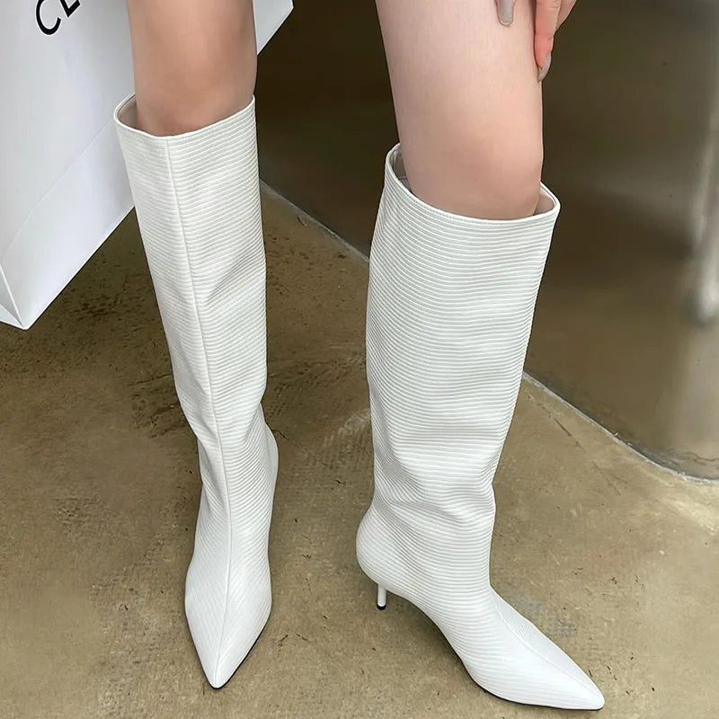 2025 New Fashion Low Heel Ladies Modern Western Boots Autumn Spring Pointed Toe Long Women Knee High Boots Female Pumps Shoes