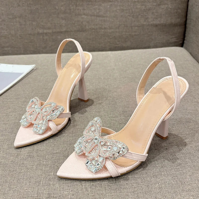 Liyke Size 35-41 Sexy Slingback Sandals Women Back Strap High Heels Summer Fashion Crystal Diamond Pointed Toe Wedding Prom Shoe
