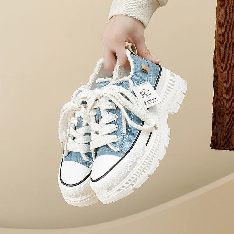 2023 Autumn New Women's Canva Shoes Thick Soles Round Head Fringed Denim Casual Shoes Increased Height Sports 606