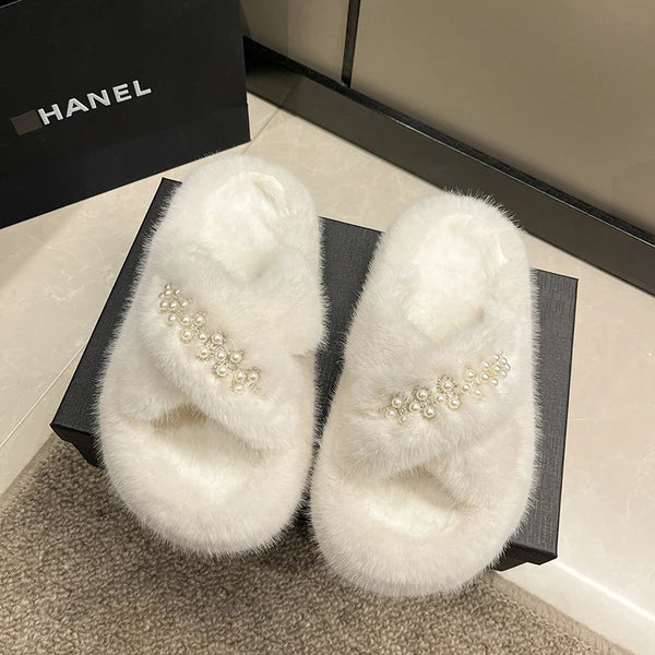 Med Shoes Womens Slippers Outdoor Slides Pantofle Flock Platform Fur Flip Flops 2024 Flat Plush Autumn Fabric Rome Shoes House S