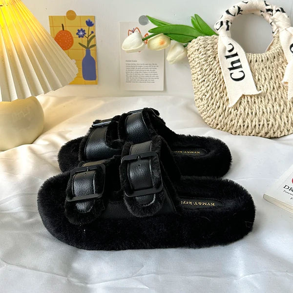 Med Shoes Womens Slippers Outdoor Slides Pantofle Flock Platform Fur Flip Flops 2024 Flat Plush Autumn Fabric Rome Shoes House S