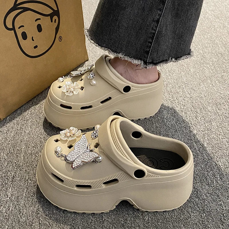 Women's Slippers Beach Sandal Heightening Shoes Lovely Summer High Rise Anti Slip Wrapped Toe Sandals Wearing Beach Outdoor