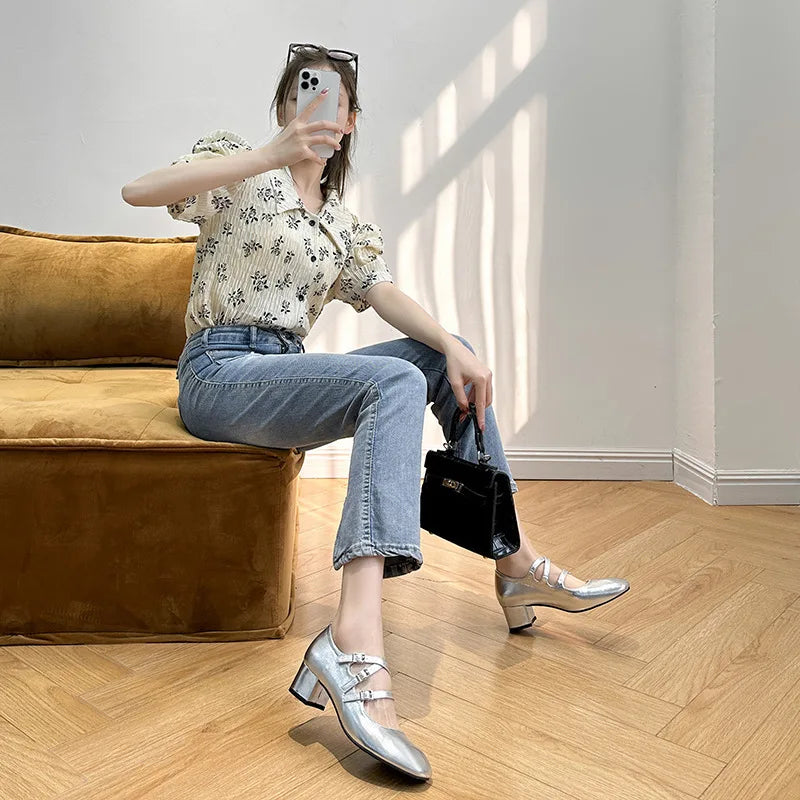 Square Heels Mary Janes Square Toe Med Heels Flats Spring/Autumn Solid Color Women's Shoes Buckle Strap Fashion Ladies Shoes